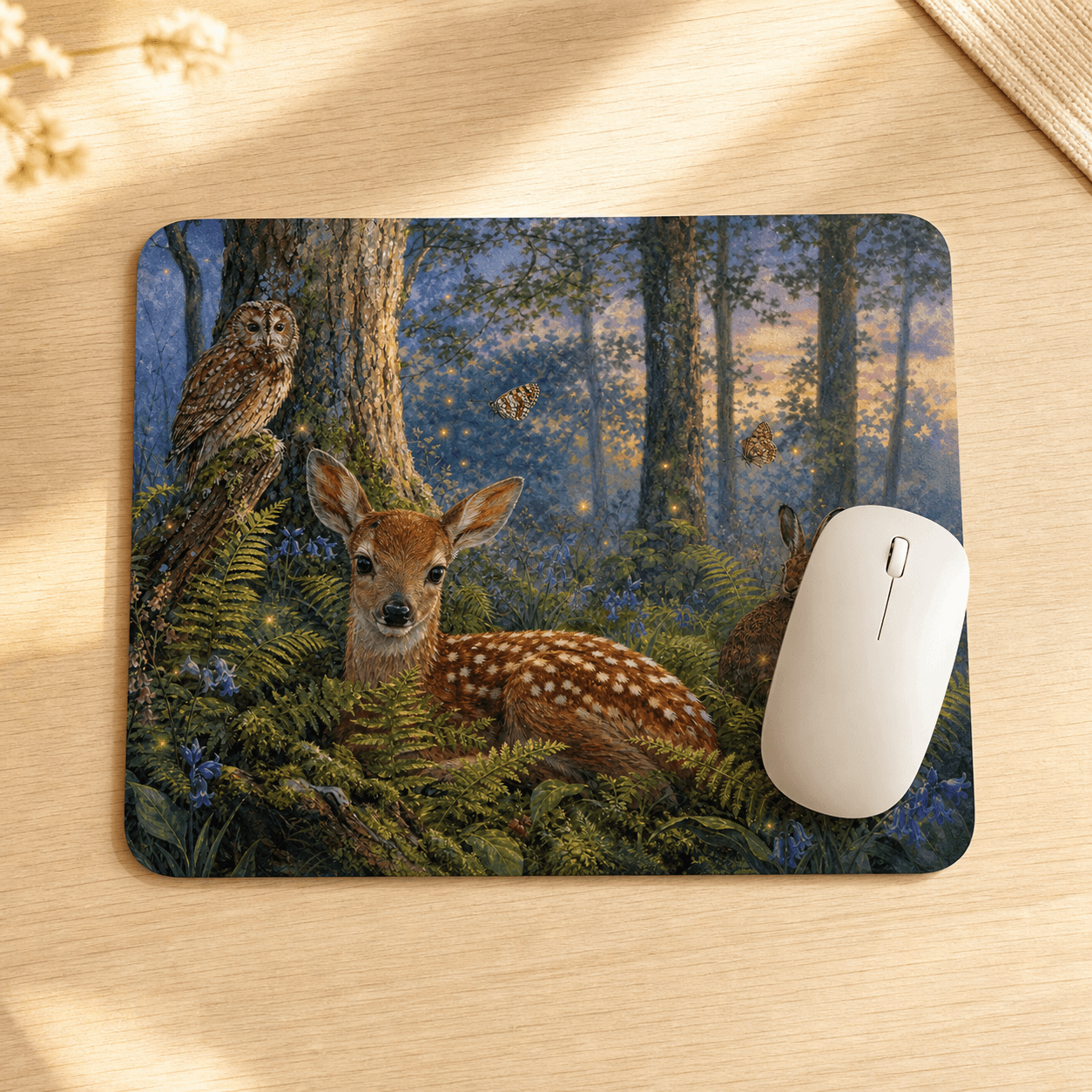 Twilight Wildwood fawn, owl and hare mouse mat on a light wooden desk