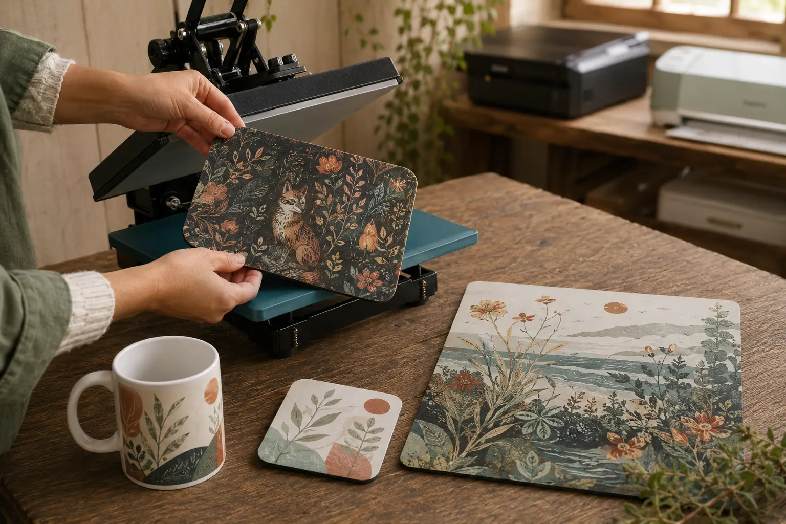 Representative Beam & Bloom making scene with a freshly pressed unstitched mouse mat, an open swing-away heat press, an 11oz mug, a coaster and an A4 metal sign
