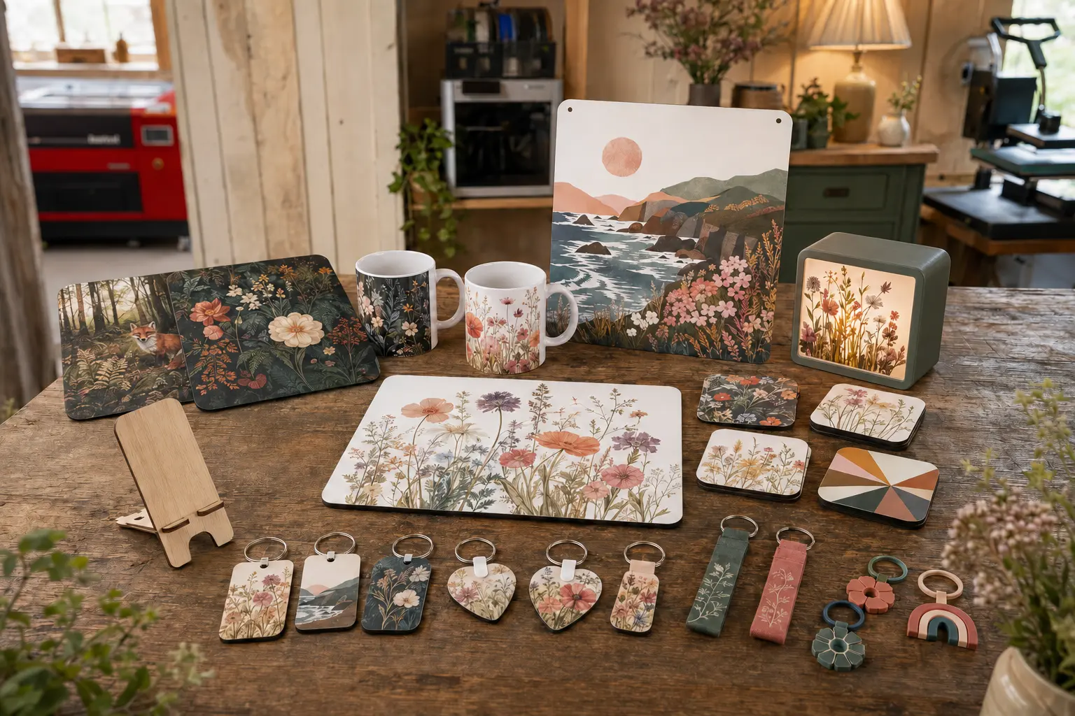 Representative Beam & Bloom range with mouse mats, 11oz mugs, an A4 metal sign, a hardboard placemat and coasters, hardboard and fabric keyrings, a plywood phone stand and a 3D-printed light box