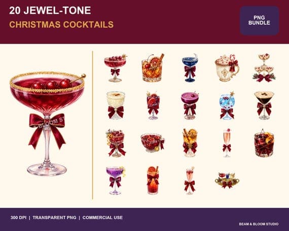 20 Jewel-Tone Christmas Cocktails PNG Bundle