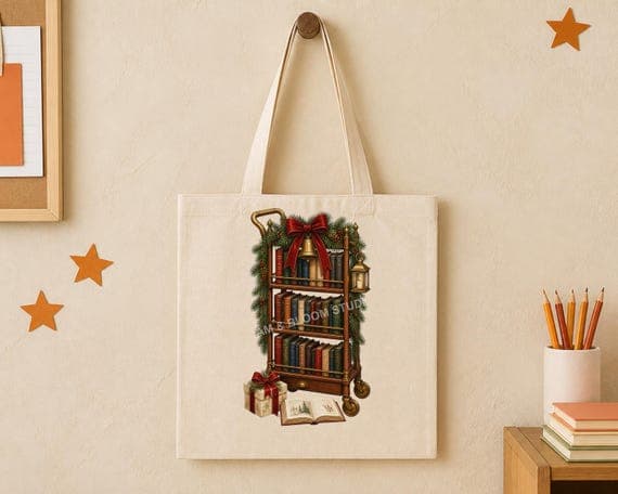 Festive library cart bookish Christmas design centred on a natural fabric tote bag.