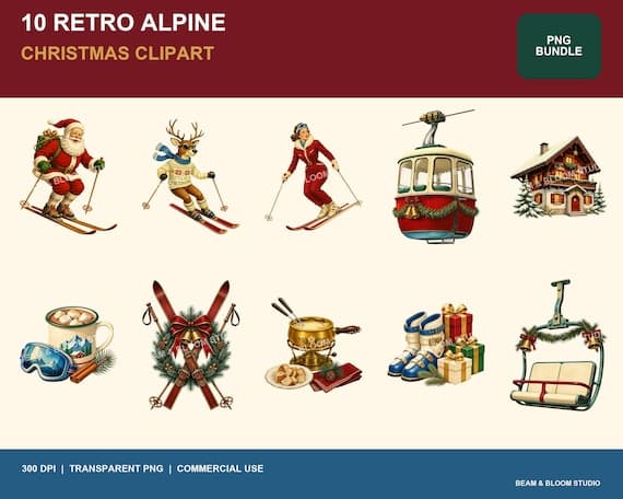 Complete collection of 10 retro alpine Christmas apres ski transparent PNG illustrations in red, pine, blue, cream and gold.