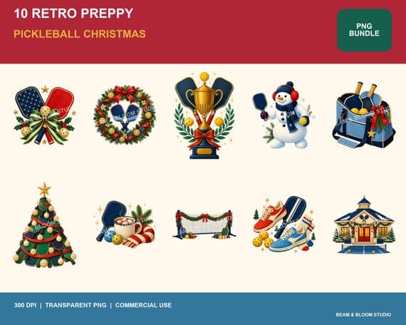 Complete collection of ten retro preppy pickleball Christmas PNG illustrations in navy cream red green blue and gold.