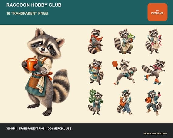 Complete collection of ten original raccoon hobby club transparent PNG designs in teal orange and cream.