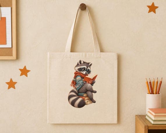 Book lover raccoon artwork centred inside the printable panel of a natural canvas tote bag.