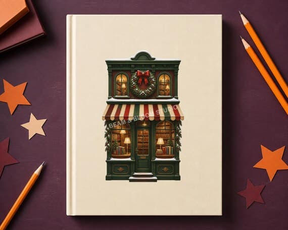 Mid-century Christmas bookshop design centred on a cream notebook cover mockup.