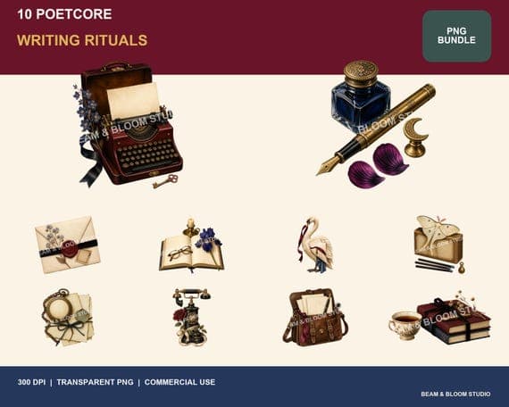 Complete collection of ten cinematic Poetcore writing ritual PNG illustrations in oxblood indigo ivory and brass.