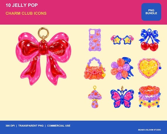 Complete collection of ten original Jelly Pop candy-resin accessory transparent PNG designs.