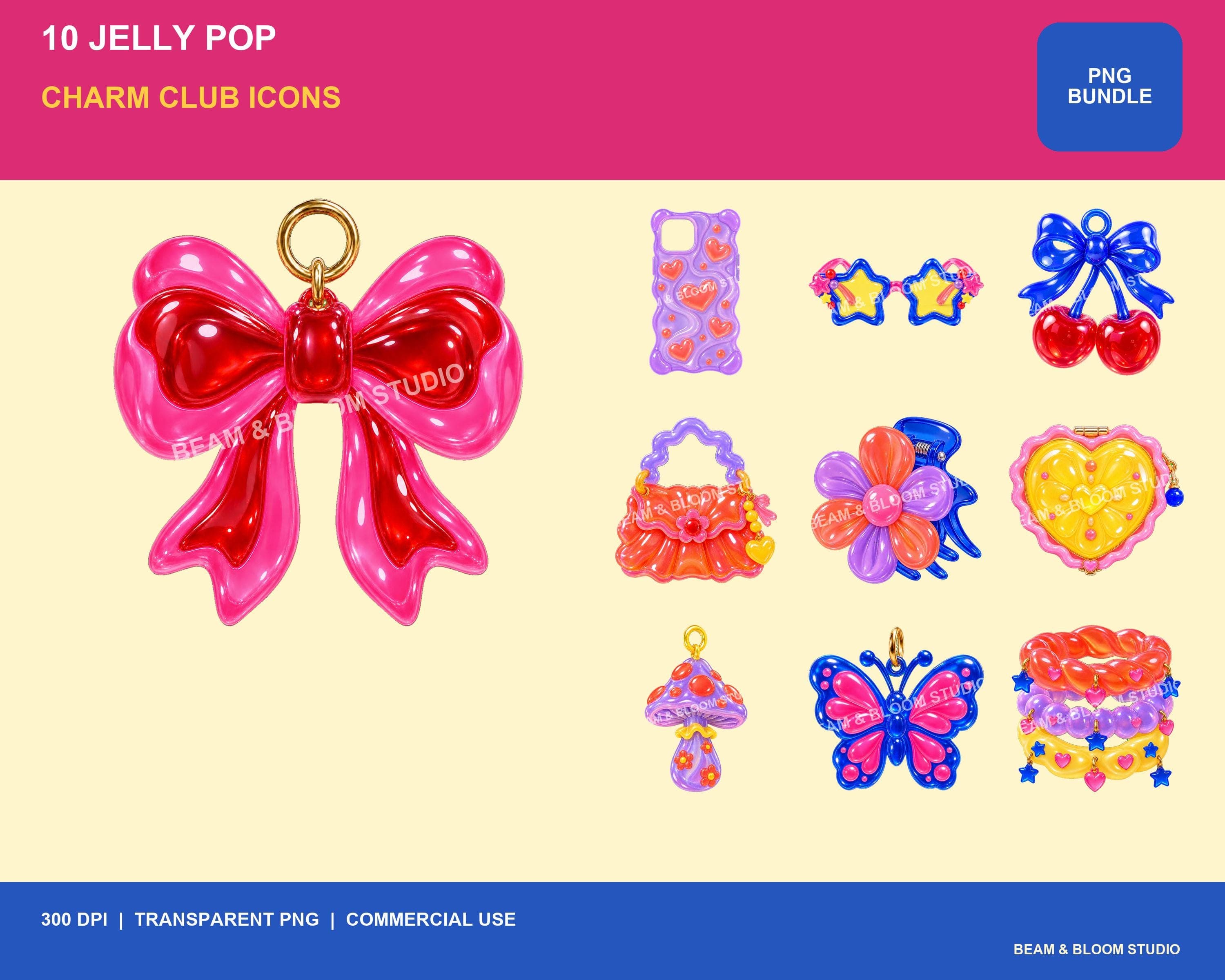 Complete collection of ten original Jelly Pop candy-resin accessory transparent PNG designs.