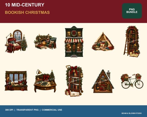 Complete collection of ten mid-century bookish Christmas reading nook PNG illustrations in red green cream and blue.