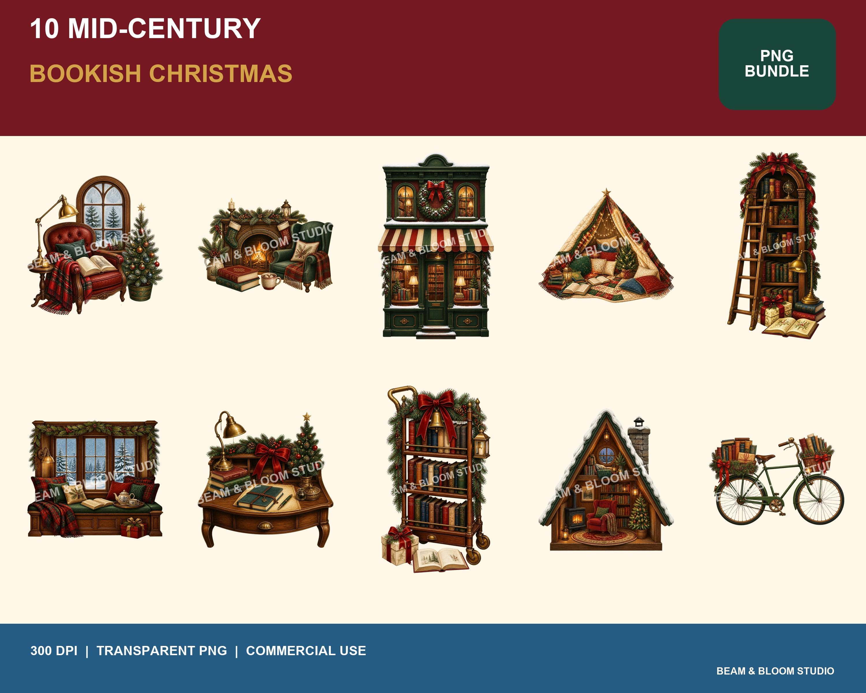 Complete collection of ten mid-century bookish Christmas reading nook PNG illustrations in red green cream and blue.