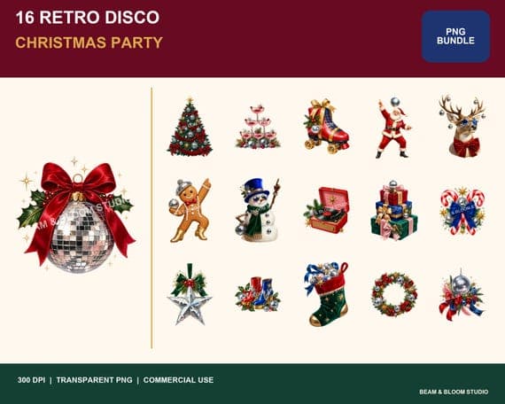Complete collection of 16 retro disco Christmas transparent PNG illustrations in red, green, blue, silver and gold.