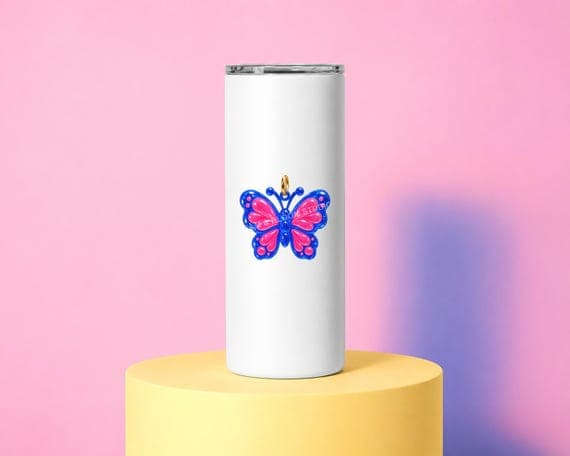 Pink and blue jelly butterfly artwork centred on the straight printable face of a white tumbler.