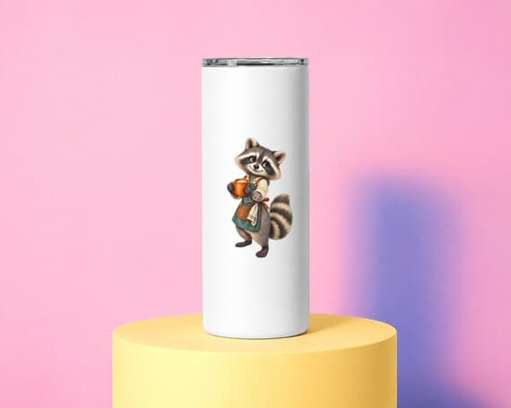 Coffee barista raccoon artwork centred on the straight printable face of a white tumbler.