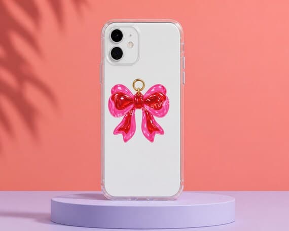 Glossy jelly bow artwork centred below the camera island on a clear phone-case back plane.