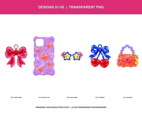 Five individual jelly candy accessory transparent PNG designs on white.