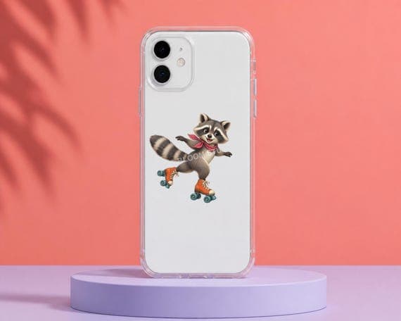 Roller skating raccoon artwork centred below the camera island on a clear phone case.
