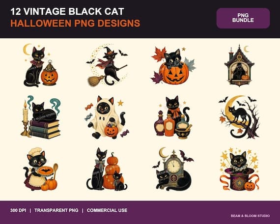 Vintage Black Cat Halloween Clipart Bundle