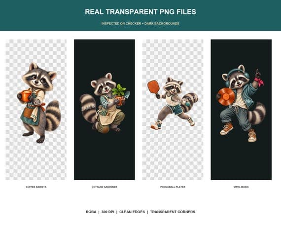 Transparent PNG proof showing four raccoon designs on checker and dark backgrounds.