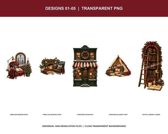 Five individual transparent bookish Christmas PNG designs displayed on a clean white detail sheet.