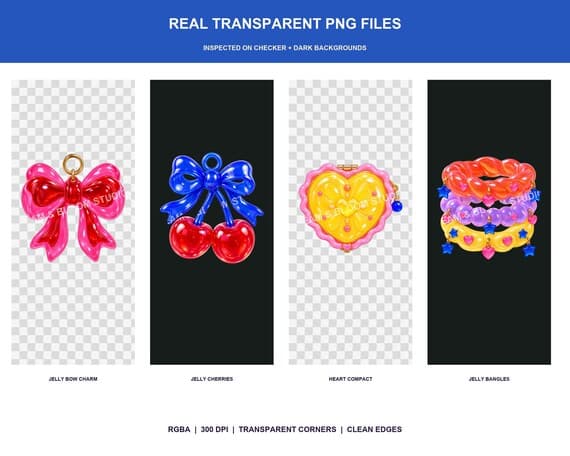 Transparent PNG proof showing Jelly Pop artwork on checker and dark backgrounds.