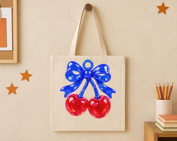 Blue bow and red jelly cherries artwork centred inside the printable panel of a natural tote.