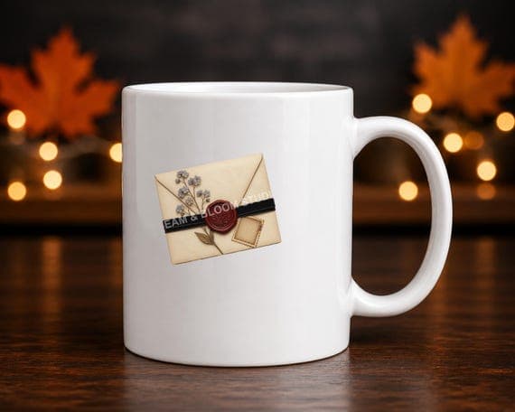 Wax-sealed letter with black velvet ribbon and pressed flowers printed on a white mug.