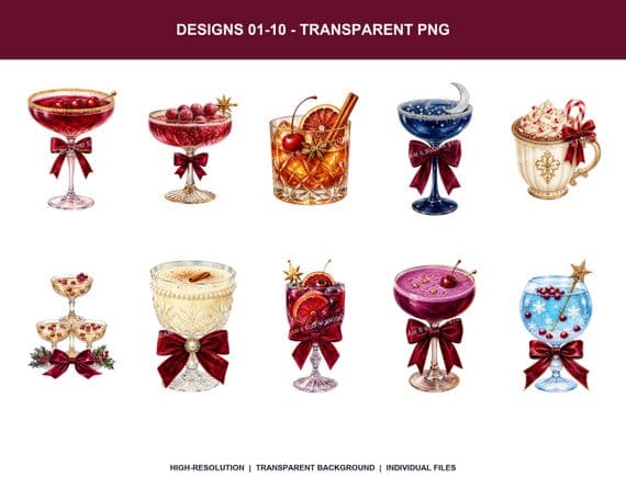 20 Jewel-Tone Christmas Cocktails PNG Bundle