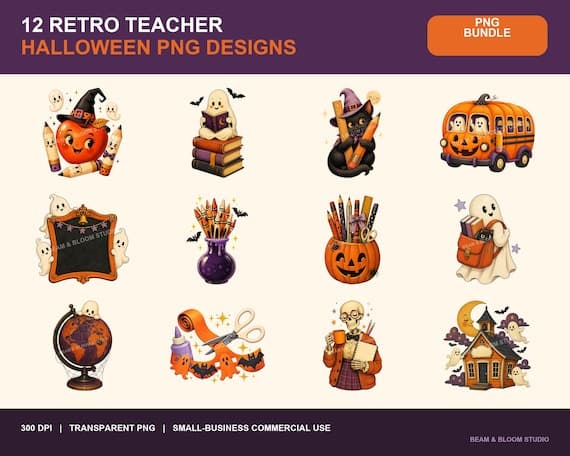 Retro Teacher Halloween Clipart Bundle
