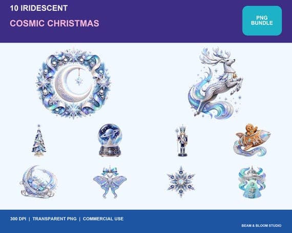 Complete collection of ten iridescent cosmic Christmas PNG illustrations in icy blue ultraviolet mint pearl and silver.