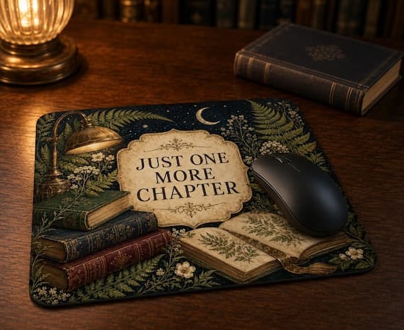 Dark Academia Mouse Mat, Vintage Books Botanical Fern, "Just One More Chapter" Mousepad