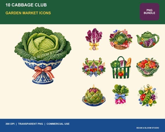 Complete collection of ten original Cabbage Club garden market transparent PNG designs.