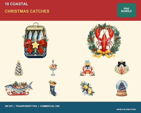 Complete collection of ten coastal Christmas seafood PNG illustrations in navy red yellow and seafoam.