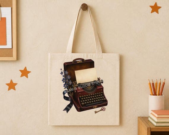 Oxblood vintage typewriter with blank paper and flowers printed centrally on a natural tote bag.