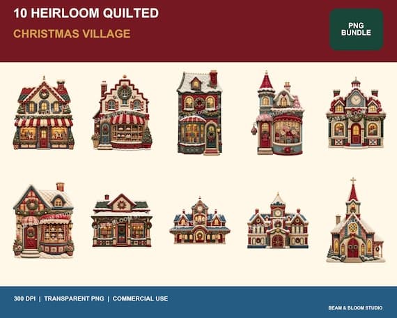 Complete collection of ten faux quilted Christmas village storefront PNG designs in red green cream and dusty blue.