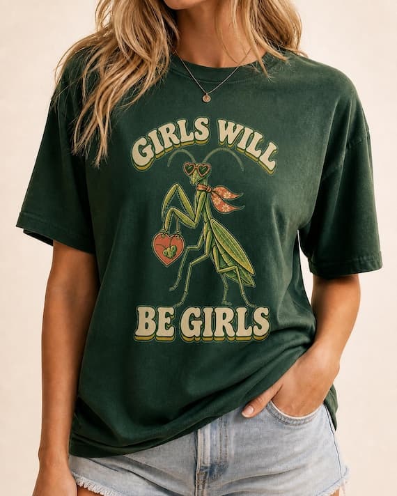 Retro Girls Will Be Girls praying mantis design printed at a natural scale on a cream T-shirt.