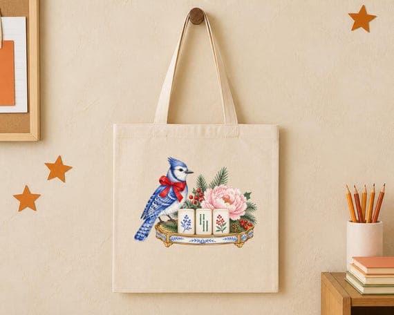 Porcelain blue bird and mahjong tiles Christmas design centred on a natural tote bag.