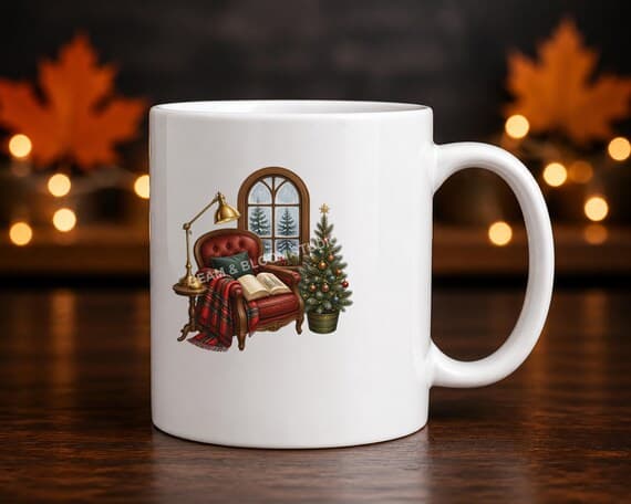 Cosy Christmas armchair reading nook illustration shown printed on a white ceramic mug.