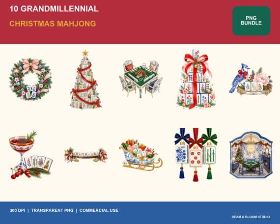 Complete collection of ten grandmillennial Christmas mahjong PNG illustrations in porcelain blue red green blush and gold.