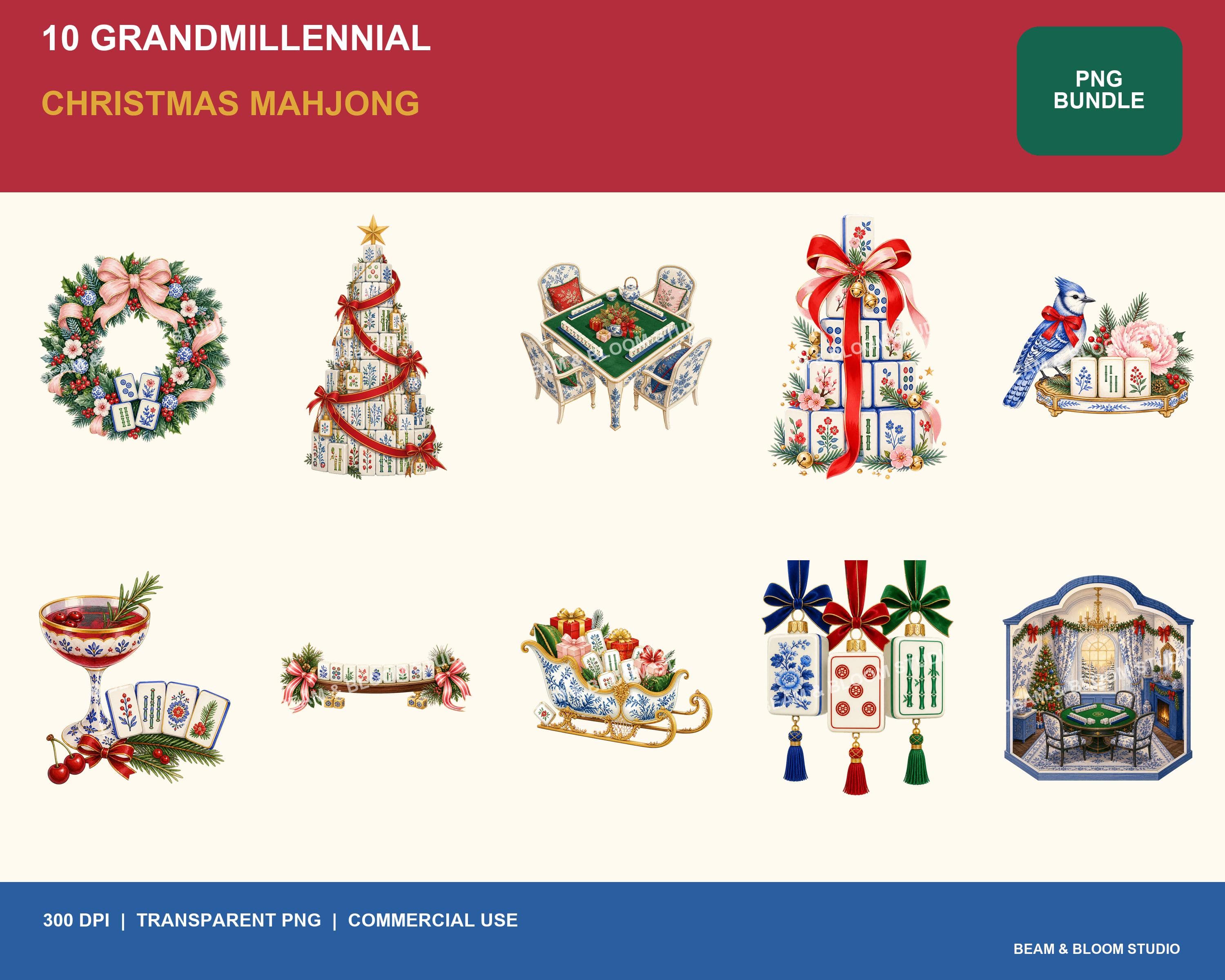 Complete collection of ten grandmillennial Christmas mahjong PNG illustrations in porcelain blue red green blush and gold.