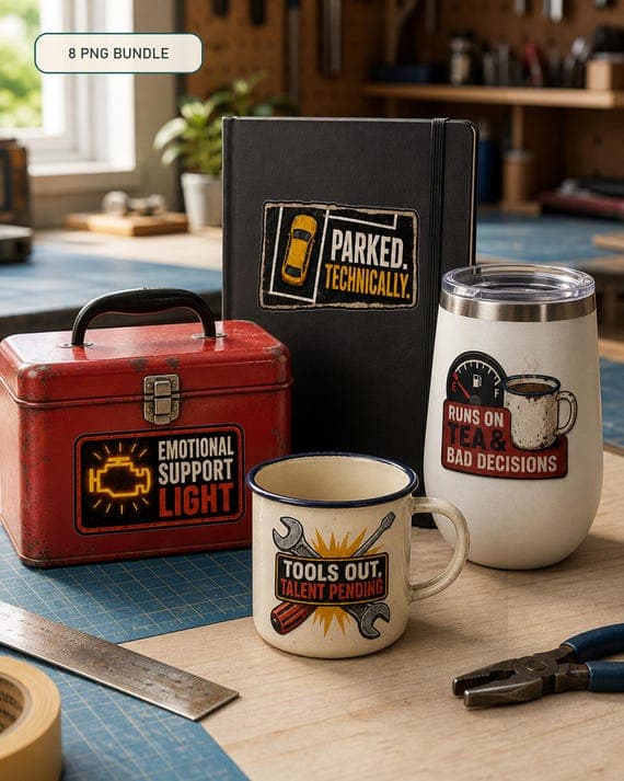 Eight-design retro garage humour PNG bundle shown on a toolbox, notebook, tumbler and enamel mug in a warm workshop.