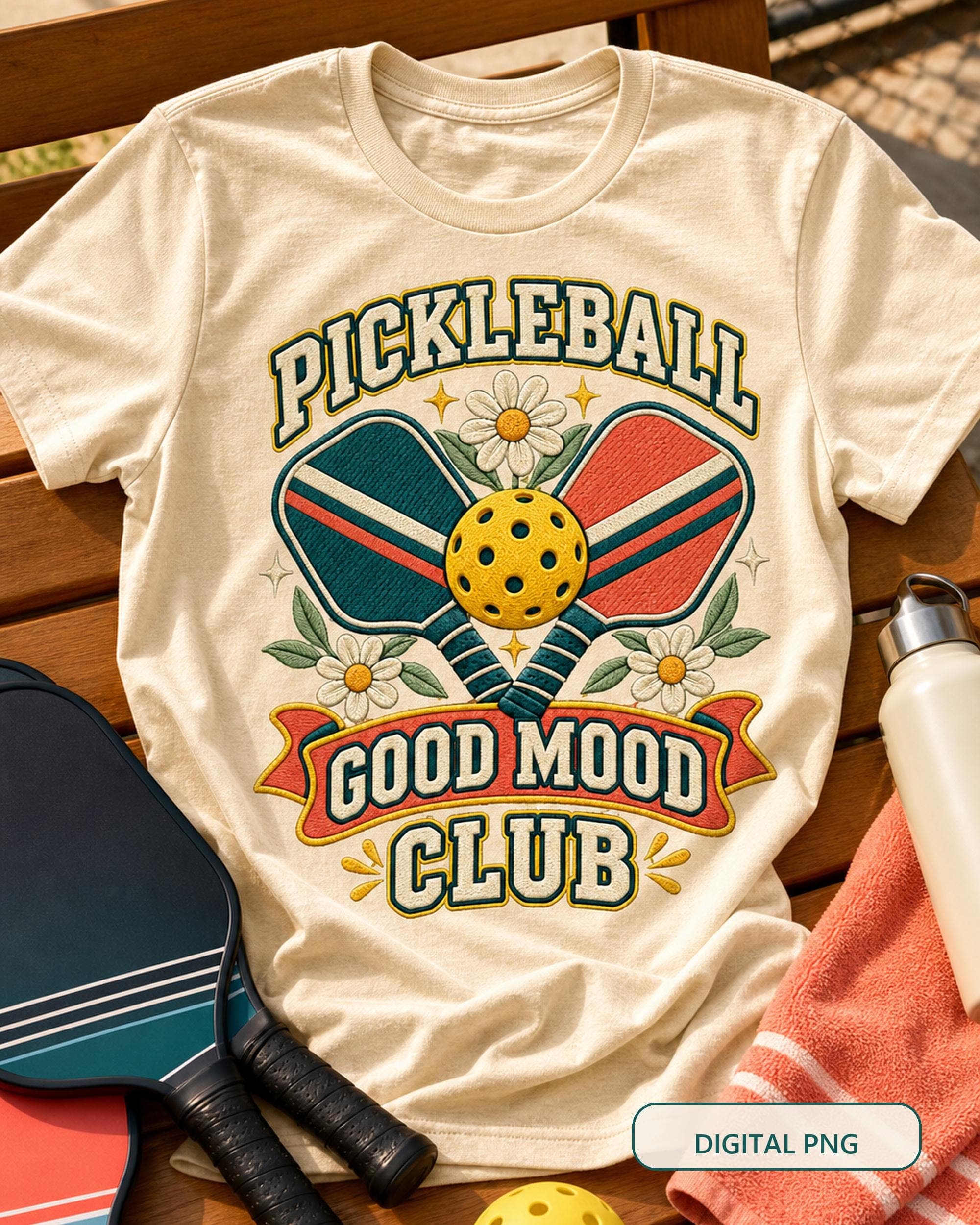 Pickleball Good Mood Club retro floral design shown naturally printed on a cream T-shirt at a sunny pickleball court.