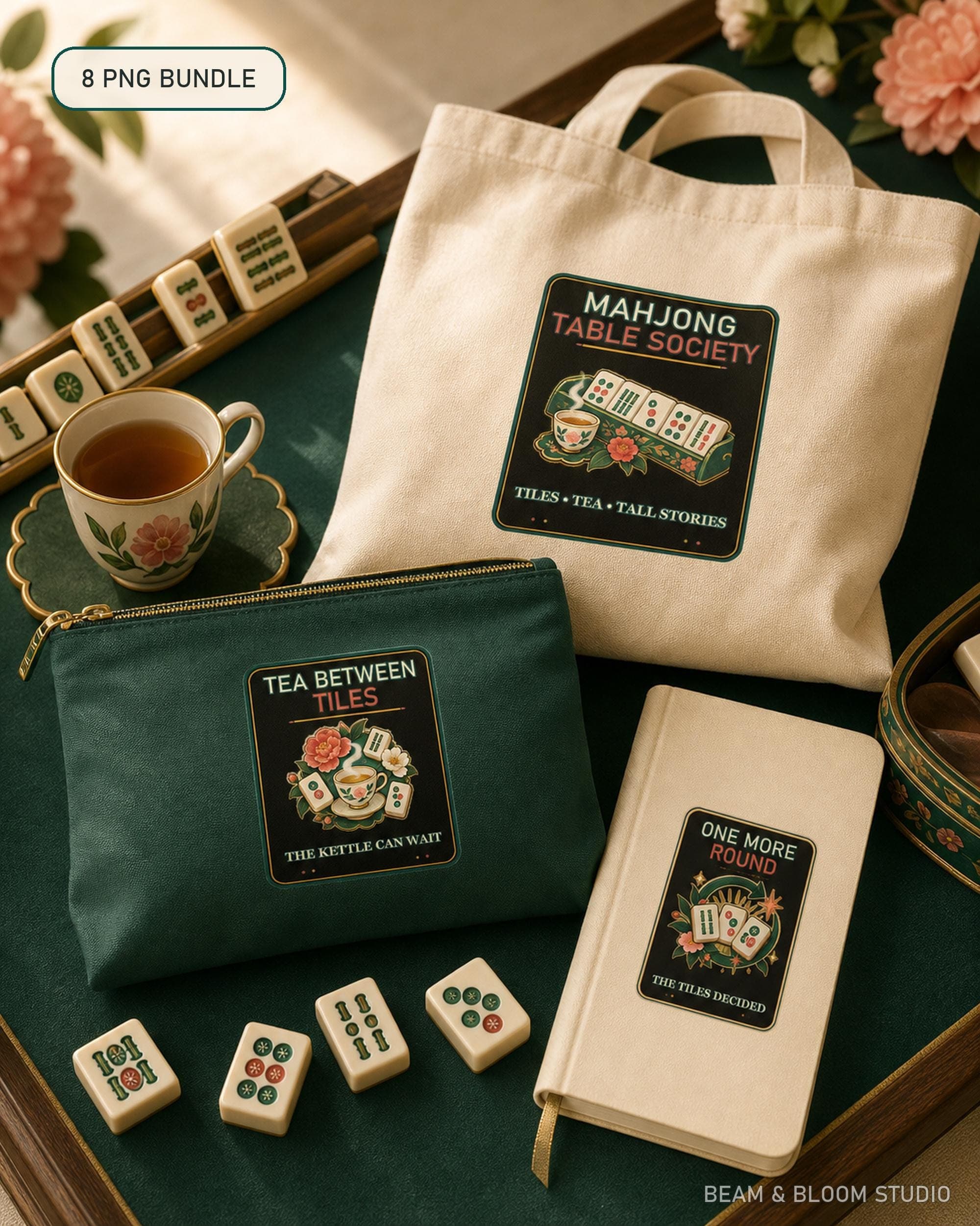 Eight-design Mahjong PNG bundle shown naturally printed on a tote, tile pouch and notebook beside a warm game table.