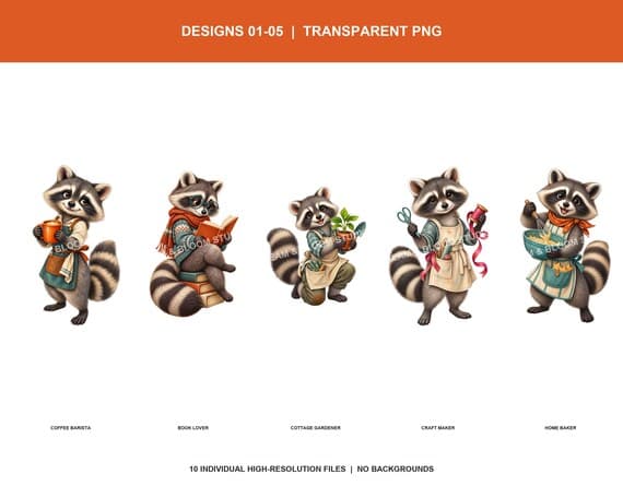 Five individual raccoon hobby transparent PNG designs on a clean white detail sheet.