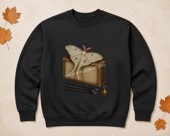 Ivory luna moth and vintage matchbox Poetcore design printed centrally on a black sweatshirt.