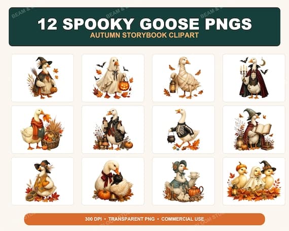 Spooky Goose PNG Bundle, 12 Halloween Watercolor Clipart, Autumn Storybook Designs (Digital Download)