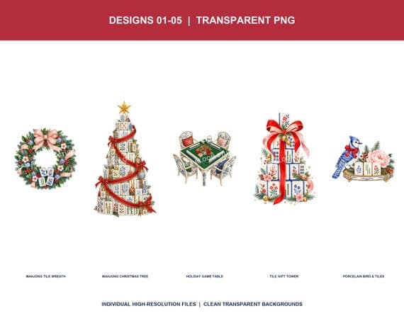 Five individual transparent grandmillennial Christmas mahjong PNG designs on white.