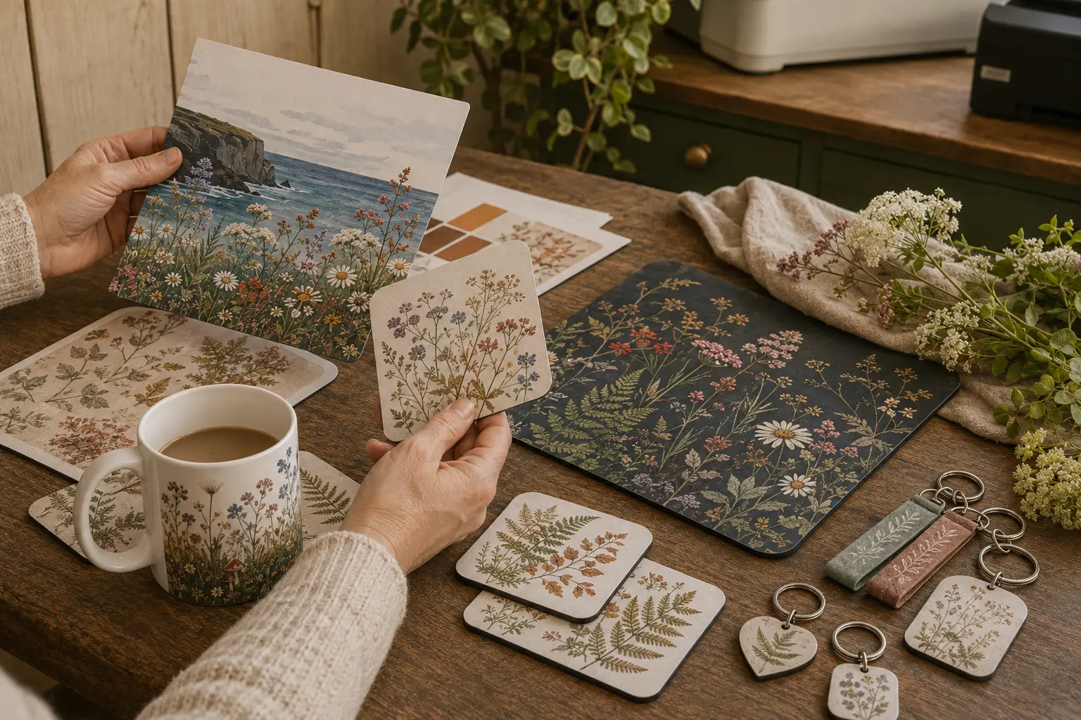Representative Bloom finishing scene with colourful artwork, an 11oz mug, mouse mat, placemat, coasters and hardboard and fabric keyrings