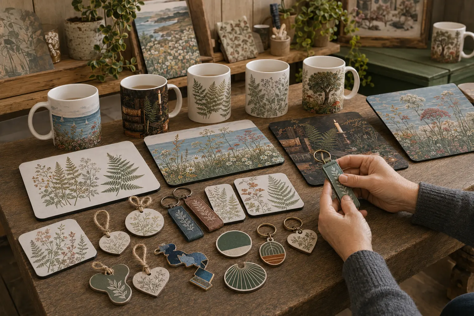 Representative small batch of 11oz mugs, hardboard coasters, heart and rectangular keyrings and round hanging ornaments