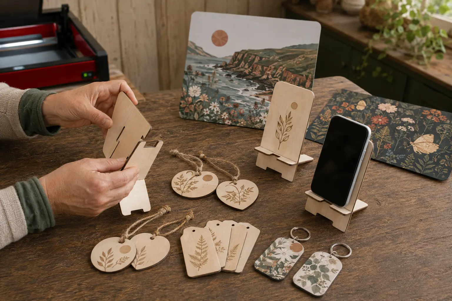 Representative Beam workshop scene with plywood phone stands being assembled alongside an A4 metal sign, mouse mats and hardboard keyrings